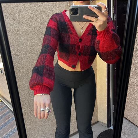 Wild Fable Women's Red and Black Cardigan | Depop