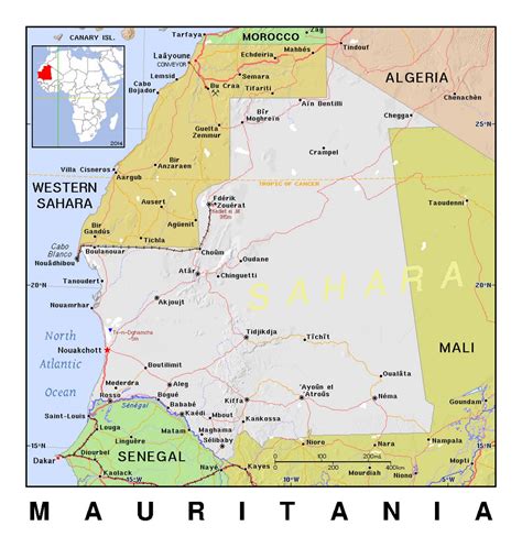 Detailed political map of Mauritania with relief | Mauritania | Africa | Mapsland | Maps of the ...