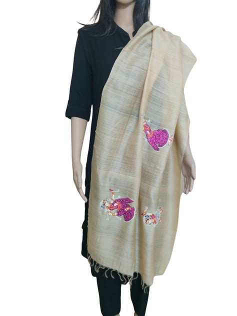 Beige Tussar Silk Stole with handpainted Pattachitra Motifs - Crafts ...