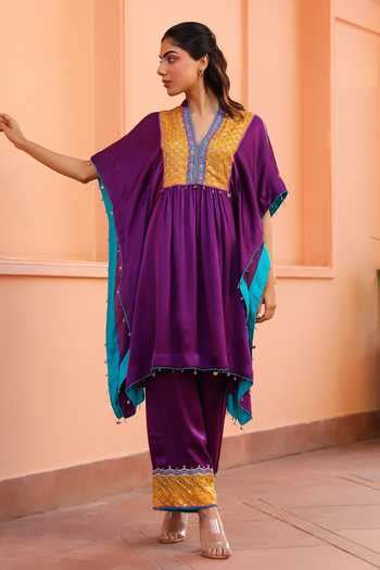 Buy Purple Pure Satin Georgette Embroidered Floral V Neck Yoke Kaftan ...