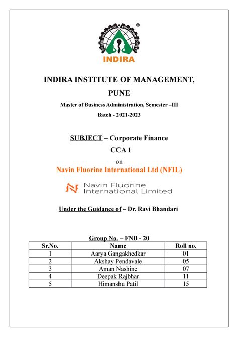 CCA1 Corporate finance final - INDIRA INSTITUTE OF MANAGEMENT, PUNE ...