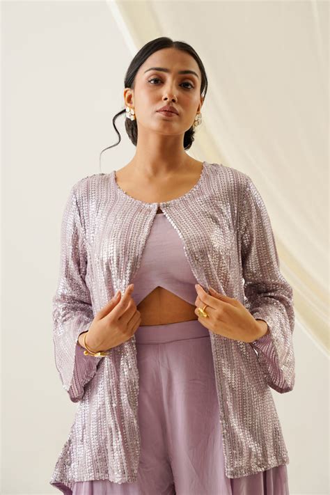 Lilac crop top & plazo set with sequin cape – Puri Emporio