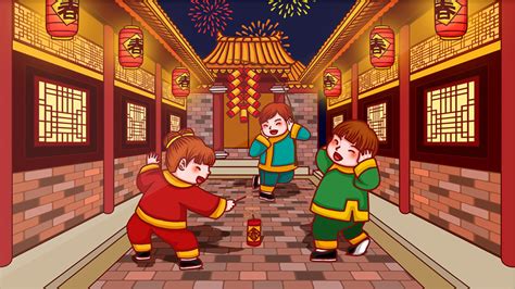 卡通中国风春节放爆竹插画gif动图下载-包图网