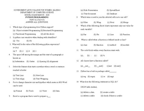 GOVERNMENT ARTS COLLEGE CS MODEL EXAM 2024 PYTHON PROGRAMMING - Studocu