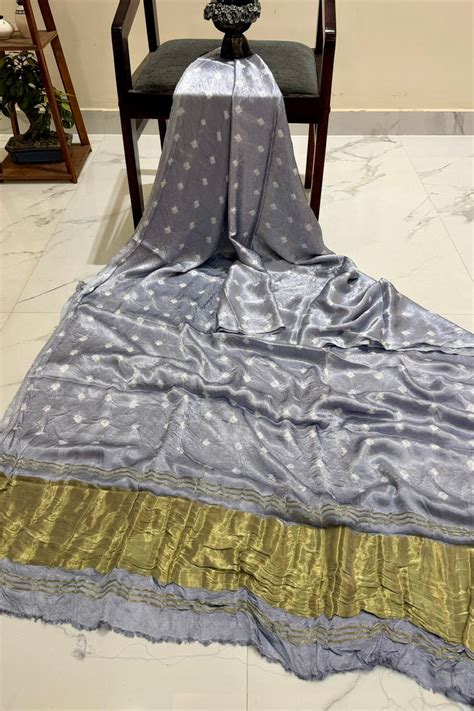 Sophisticated Silver Grey Pure Gajji Silk Bandhani Saree ...