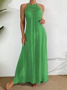 SHEIN Swim Ladies' Solid Color Lace Splice Sleeveless Cover-Up Dress ...