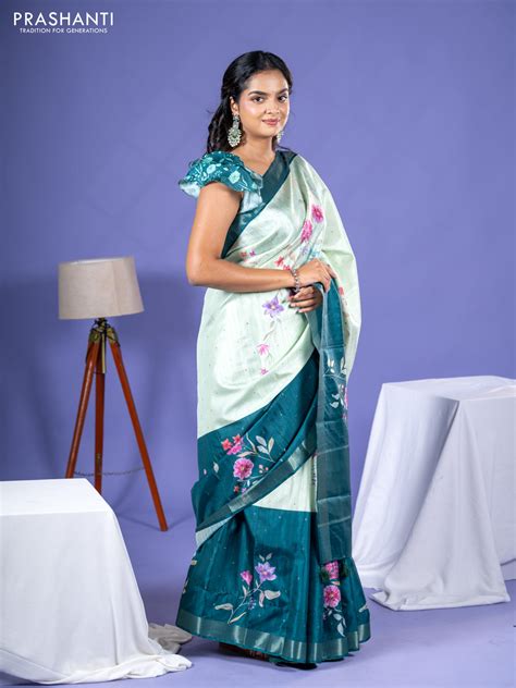 Semi tussar saree pista green and peacock green with allover zari butt ...