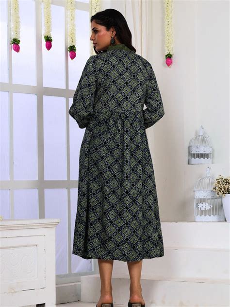 Blue Green Printed A-Line Dress with Embroidery and Pockets – Saffron ...