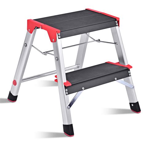 Gymax Folding Aluminum Lightweight Ladder 2 Step Non-Slip Platform ...