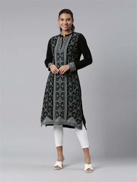 Neerus Black Ethnic Printed Acrylic Straight Kurti for Casual Daily ...