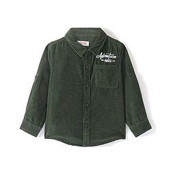 Babyhug Full Sleeves One Pocket Corduroy Shirt Text Embroidery - Olive