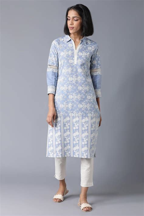Buy Chambray Blue Floral Printed kurta @ 2799 | W for woman – wforwoman