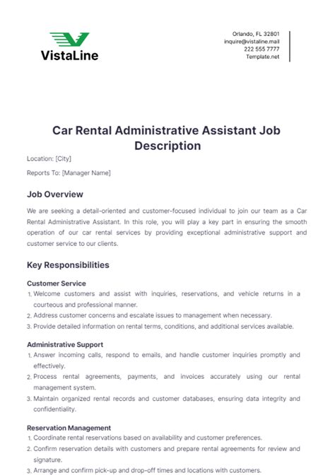 Free Car Rental Administrative Assistant Job Description Template to Edit Online