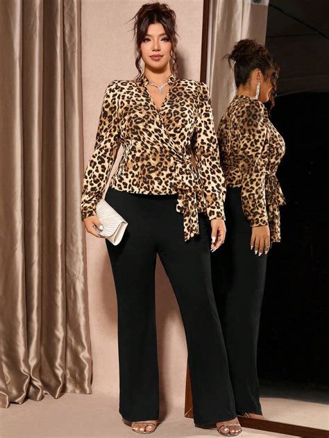 Cravure Plus Size 2pcs Set: Leopard Print V-Neck Blouse & Black Pants ...