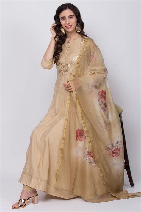 Buy Beige Poly Cotton Anarkali Kurta Churidar Suit Set Online at Biba India