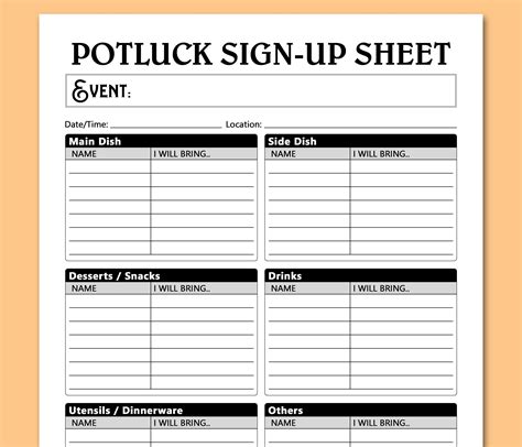 Printable Potluck Sign Up Sheet Template
