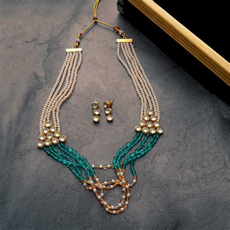 Light Green Crystal with Multi String And Kundan Necklace Set for Wome ...