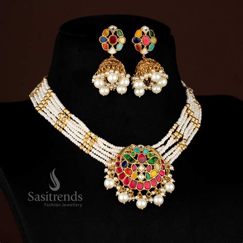 24K Jadau Gold Plated Pearl Choker with Floral Pendant - Sasitrends