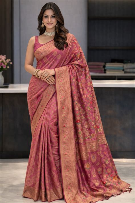 Gulabi Opulence: Deep Pink Silk Saree with Gul Dasta Pallu – My Store