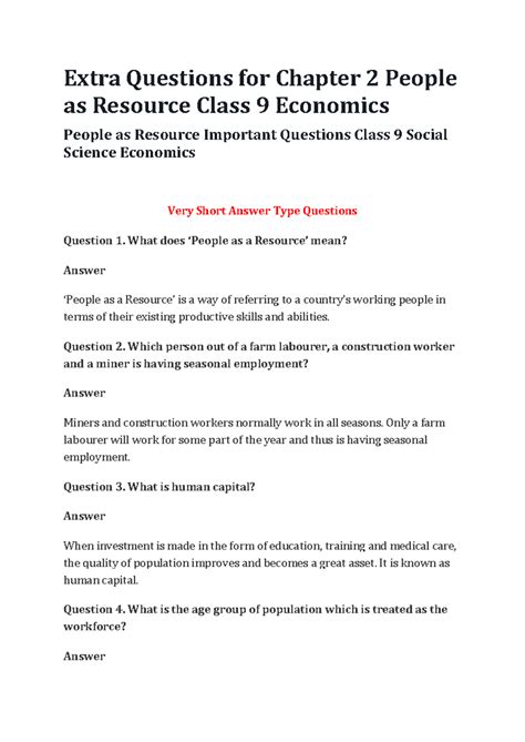 Economic Class 9 - Extra Questions for Chapter 2 People as Resource ...