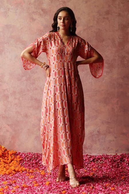 Buy Peach Georgette, Satin Sequins V-neck Inaya Geometric Embroidered ...