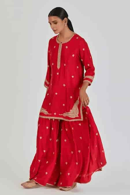 Buy Red Silk Embroidery Marodi Round Adiya Floweret Kurta With Palazzo ...