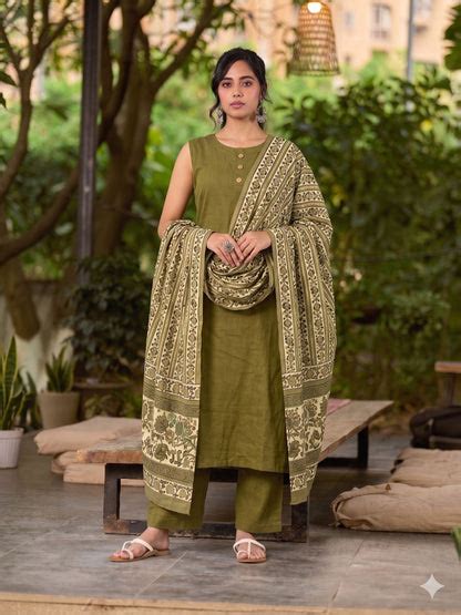 Classic Olive Green Sleeveless Cotton Kurta – Sujatra