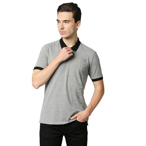 Men Grey Slim Fit Print Cotton Polyester Blend Round Neck Collar Polo ...