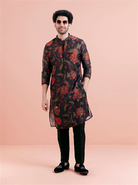 Black Silk Blend Kurta with Red and Green Floral Prints – Kisah