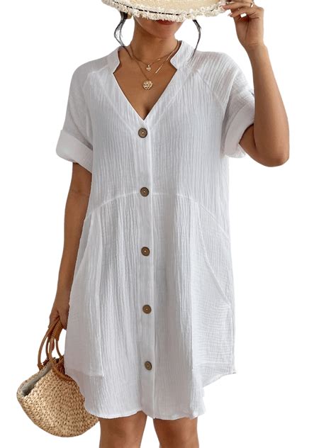Bsubseach Bathing Suit Cover Up, Cotton, Short Sleeve, White Beach ...