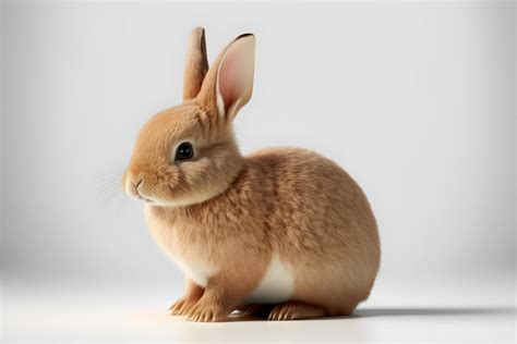 Cute white and brown rabbit sitting infront of isolated plain white ...