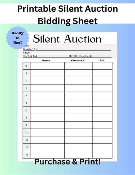 Printable Silent Auction Bid Sheet, Silent Auction Sign up Sheet ...