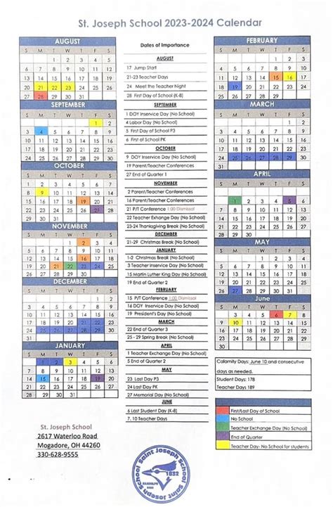 Academic School Year Calendars | St. Joseph School Randolph Ohio ...