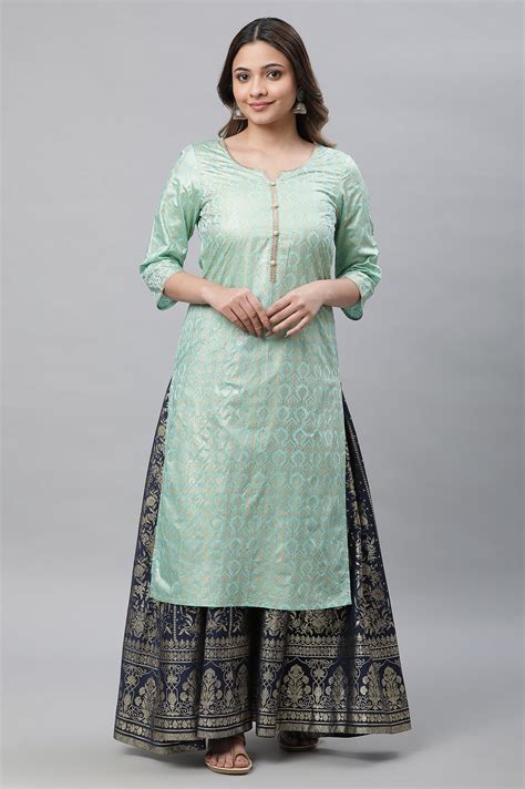 Buy Mint Green Foil Printed Embellished Straight Kurta and Skirt Set ...