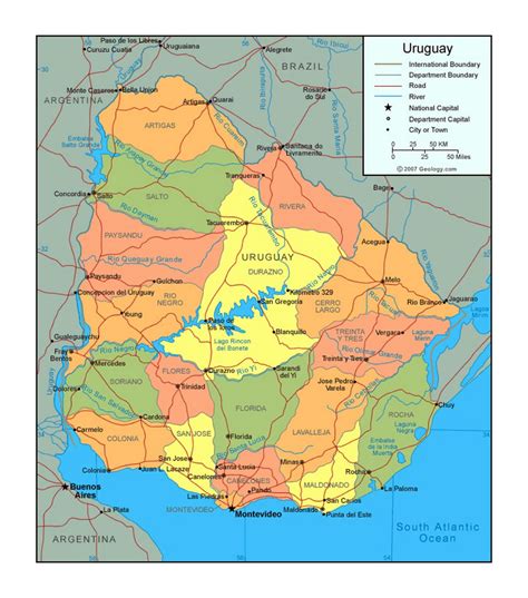Political and administrative map of Uruguay with roads and major cities | Uruguay | South ...