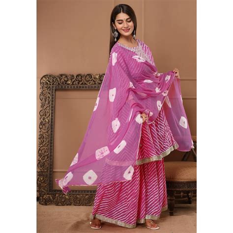 Pink Printed With Embroidered Pure Cotton Sharara Suit