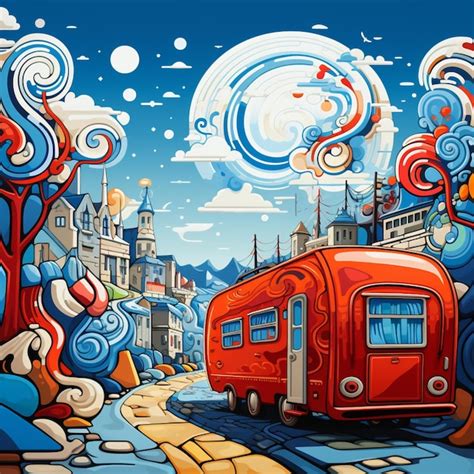 There is a red bus that is driving down the street generative ai ...