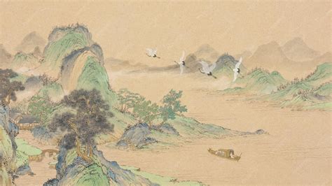 Serene asian landscape with flying cranes and boat | Premium PSD