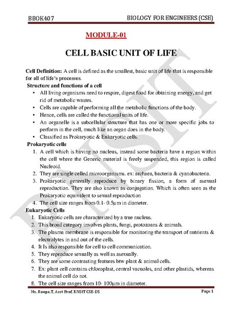 BIOLOGY FOR ENGINEERS (CSE) BBOK407: Cell Structure and Functions ...