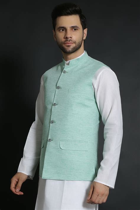 WINTAGE Men's Linen Cotton Green Modi Nehru Jacket : Green