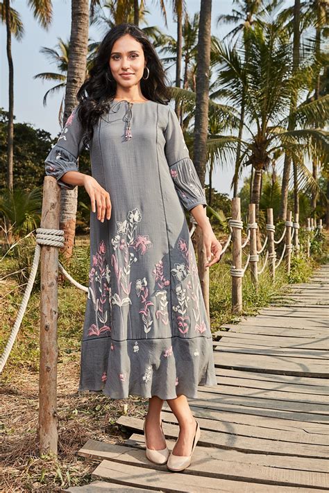 Steel Grey Embroidered Cotton Midi Dress