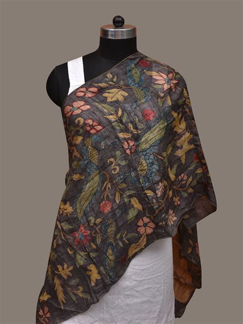 Grey Kalamkari Hand Painted Tussar Handloom Stole with Floral Design d ...