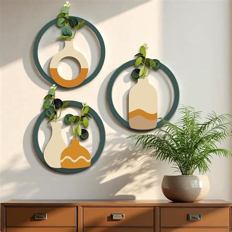 MDF Boho Wall Decor Round Vase Hanging with Artificial Plant Leaf Pack ...