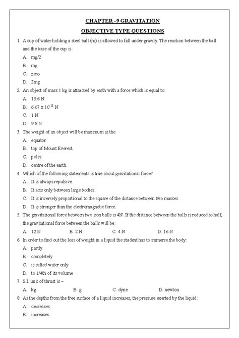 CHAPTER 9 GRAVITATION OBJECTIVE TYPE QUESTIONS - Studocu