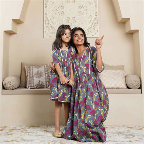 'Vine on Grey' Mom and Daughter Cotton Dresses – Fashiana