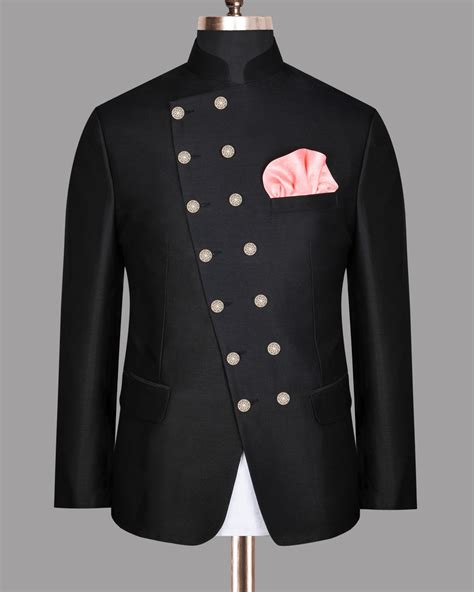 Jade Black Plain-Solid Single-Breasted Premium Wool-Blend Bandhgala ...
