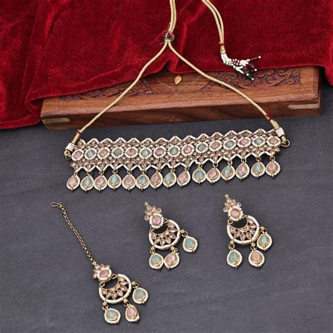 Sukkhi Pink & Green Gold Plated Reverse AD & Pearl Choker Necklace Set ...