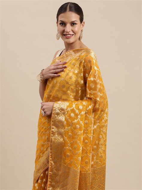 Yellow Floral Zari Organza Banarasi Saree – Geroo Jaipur