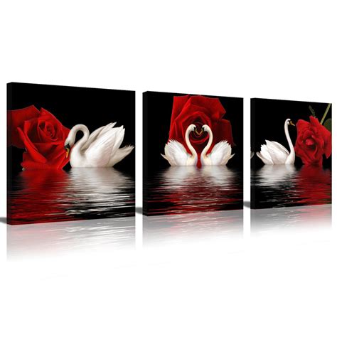 3 Pieces Red Roses Flower with White Swan Canvas Print Artworks for ...