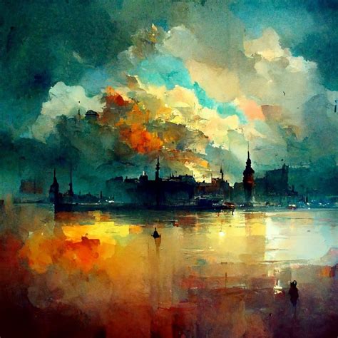 Cityscape Oil Painting with Clouds